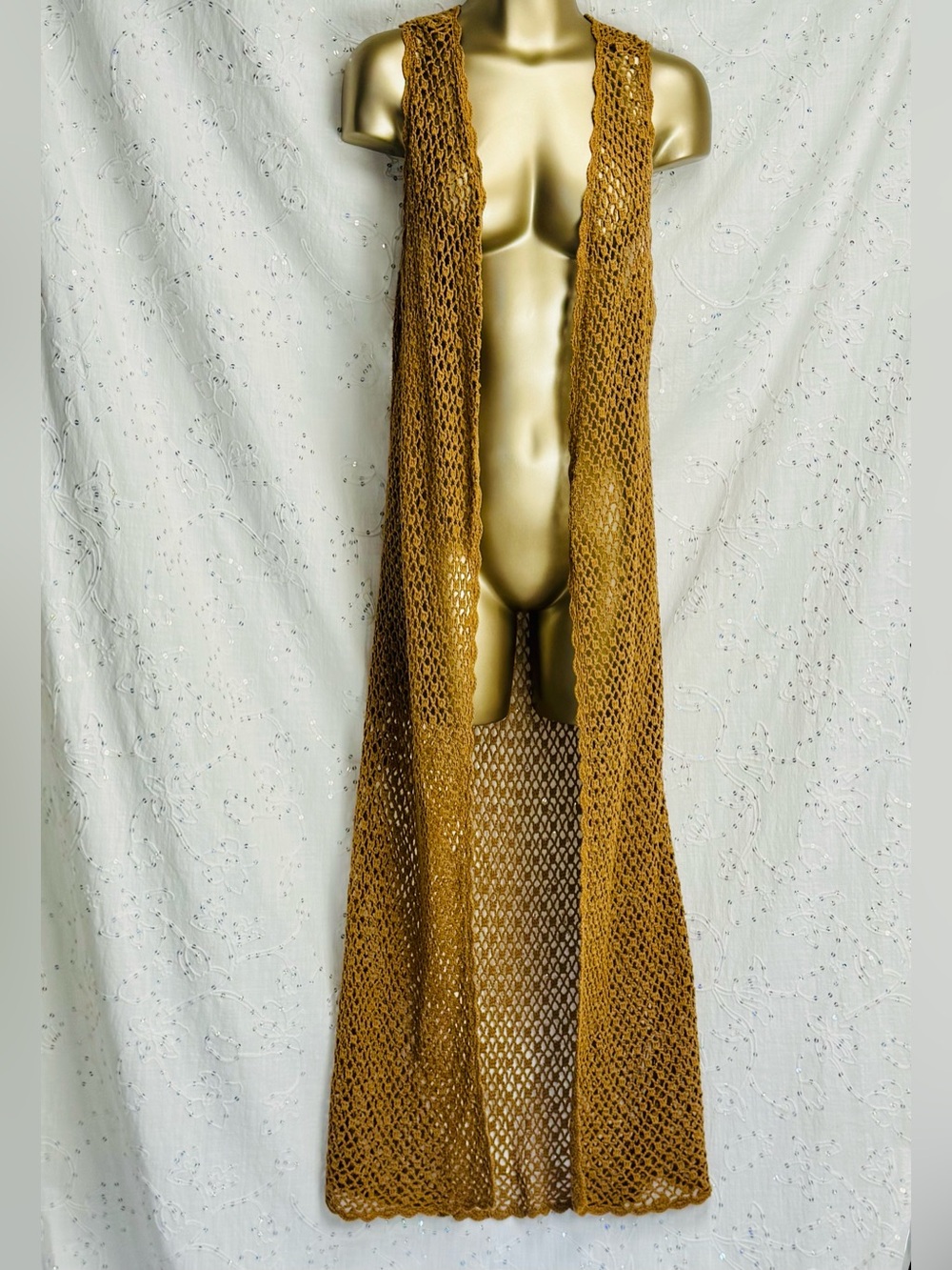 Boutique XXI Caramel Tan Crochet Maxi Duster Vest Boho Open Knit L